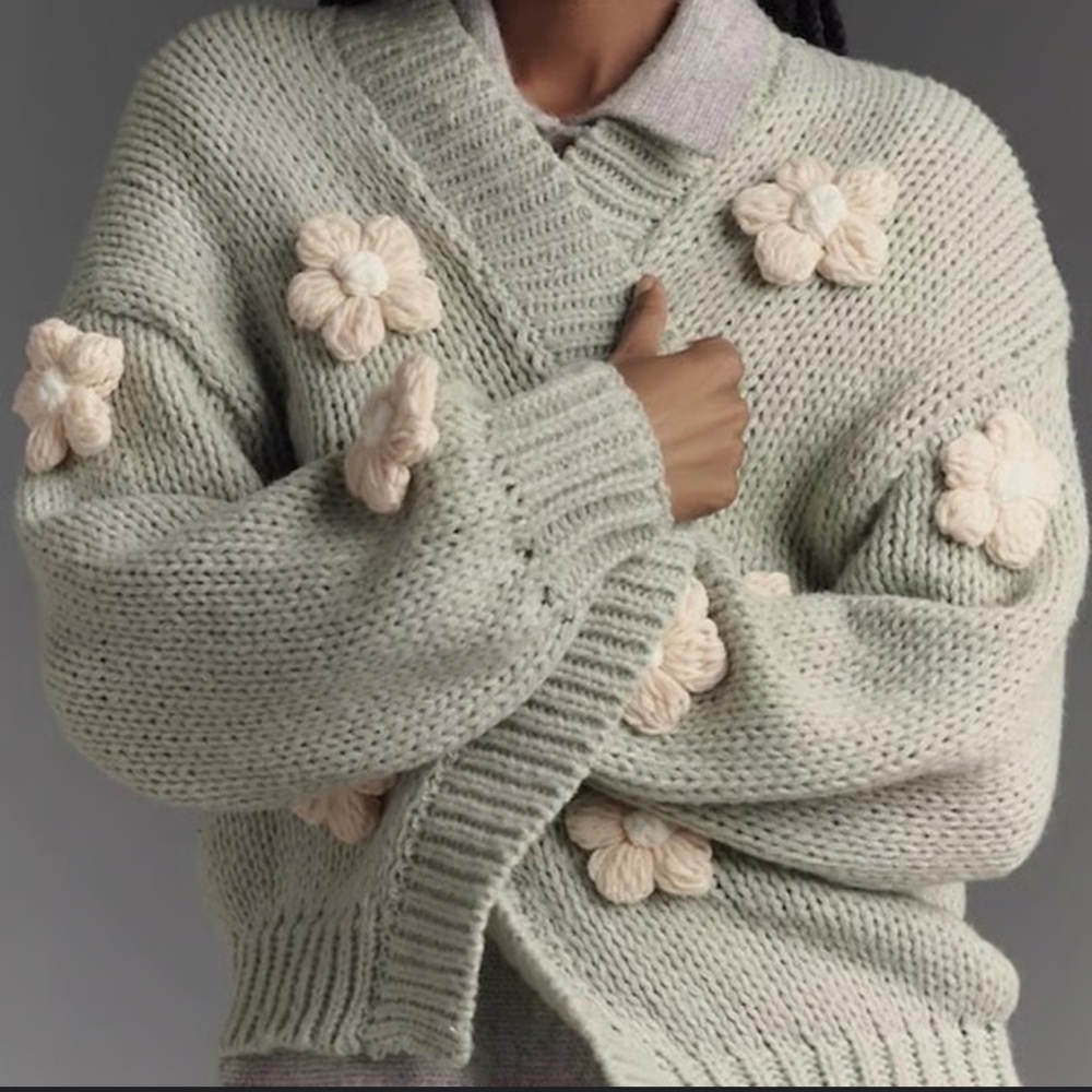 Anthropologie The Susannah 3D Flower Cardigan Sweater in Mint Green | OS